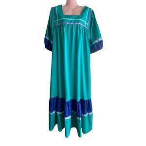 Vintage Hilda Hawaii MuuMuu Dress Womens Large Maxi Colorblock Made USA 80s